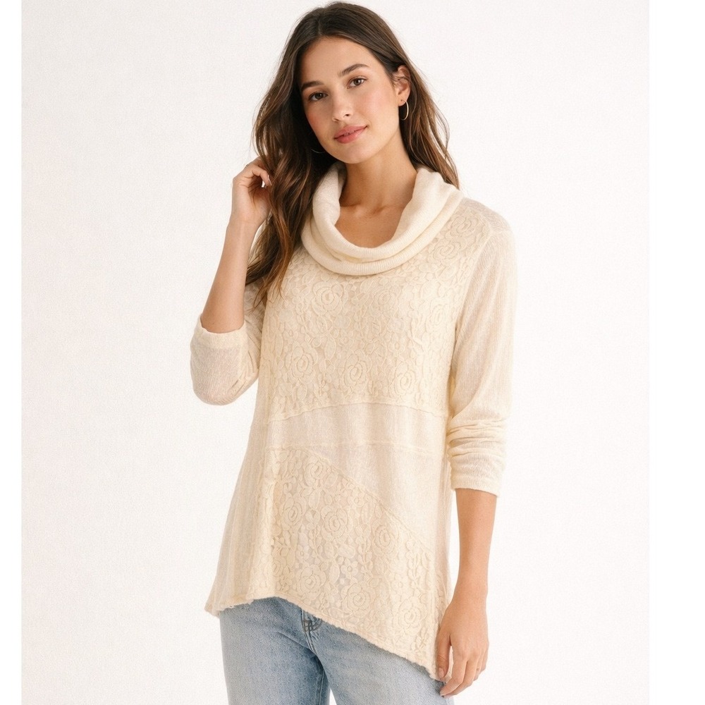 Adobe Star Cream Cowl Neck Lace Panel Tunic Sweater Womens Boho Knit Top